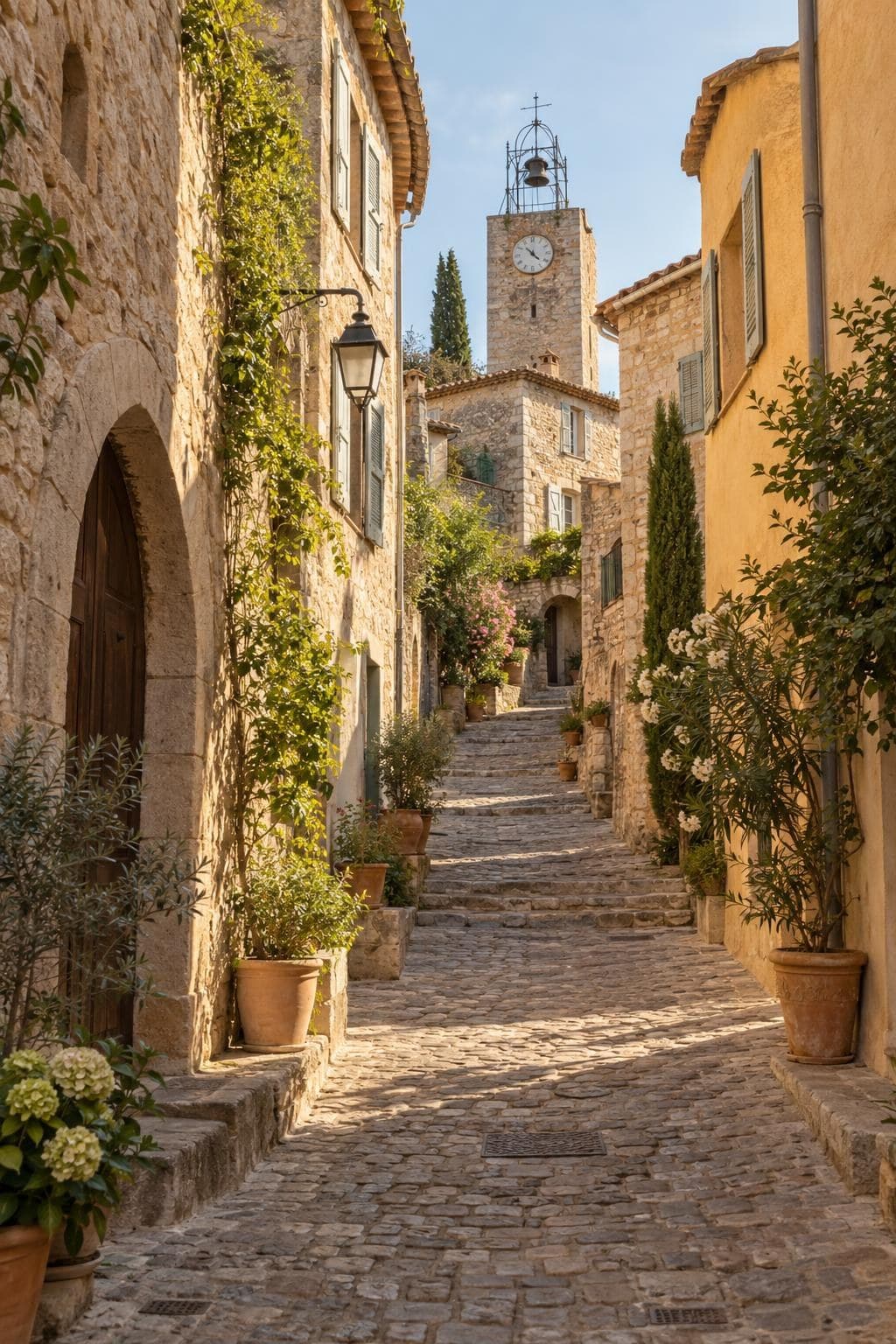 A cobbled lane climbing to the clock tower in Fayence